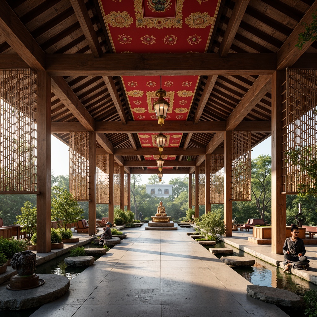 Prompt: Traditional Asian-style community center, intricately carved wooden accents, natural fiber textiles, woven bamboo screens, silk fabrics, embroidered motifs, vibrant red lanterns, golden ornaments, Buddha statues, serene water features, lush greenery, tranquil ambiance, warm soft lighting, shallow depth of field, 1/1 composition, realistic textures, ambient occlusion.