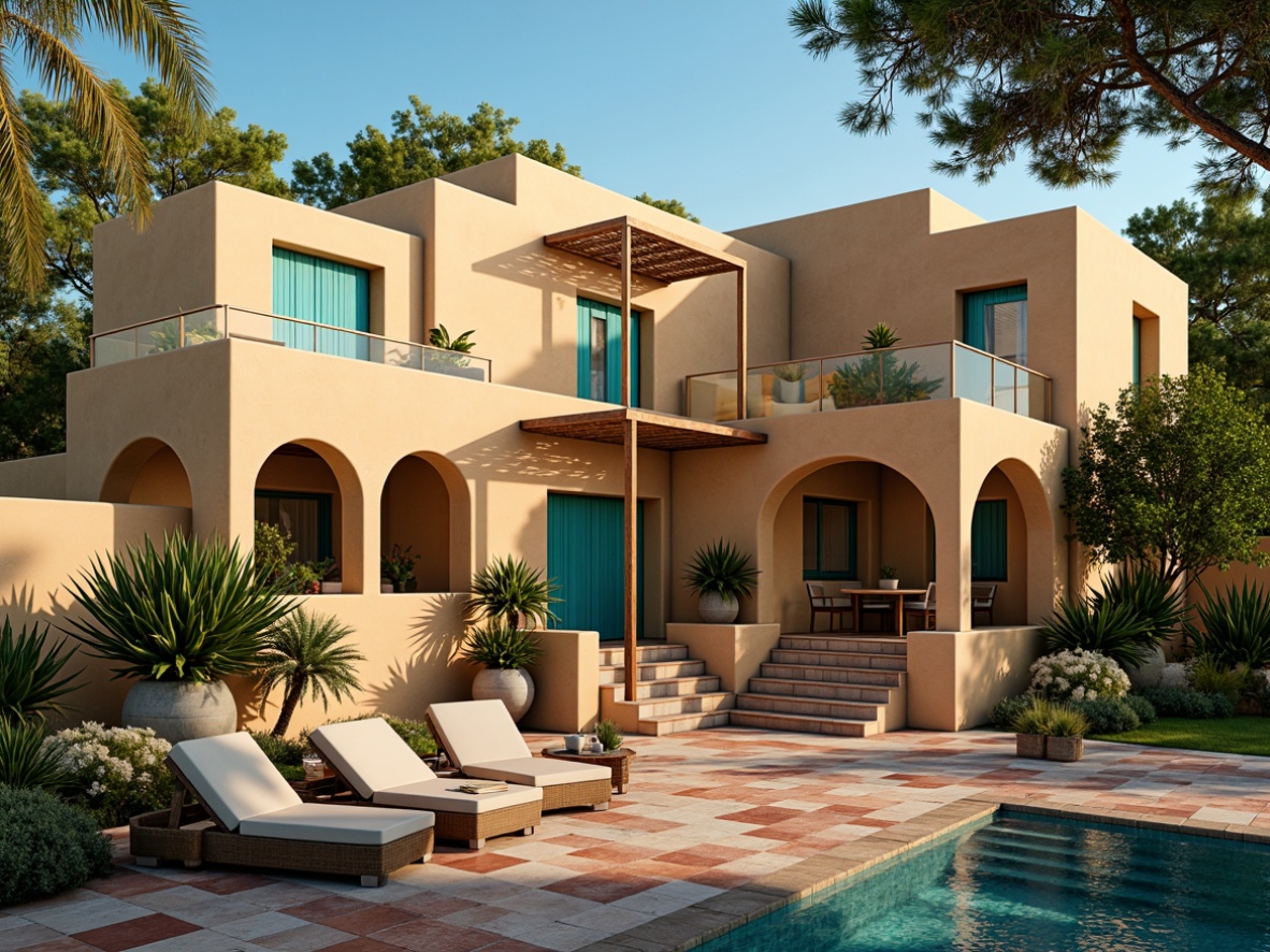 Prompt: Vibrant Mediterranean villa, warm beige walls, turquoise accents, lush greenery, terracotta roofs, ornate archways, grand entrance gates, rustic wooden doors, colorful ceramic tiles, plush outdoor furniture, soft golden lighting, dramatic shadows, 3/4 composition, wide-angle lens, cinematic mood, realistic textures, ambient occlusion.