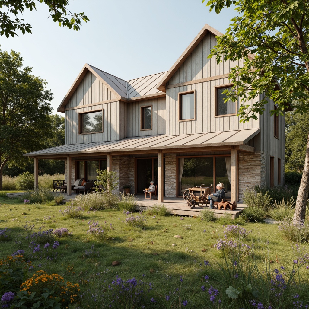 Prompt: Rustic farmhouse, earthy tones, warm beige, soft sage, muted blues, weathered wood accents, natural stone walls, corrugated metal roofs, vintage agricultural equipment, lush greenery, blooming wildflowers, sunny afternoon, soft warm lighting, shallow depth of field, 1/1 composition, realistic textures, ambient occlusion.