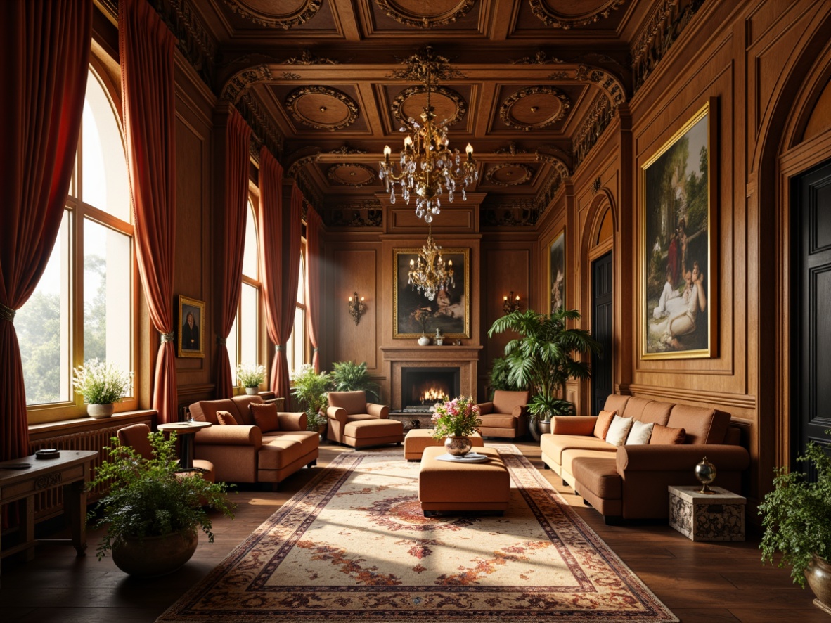 Prompt: Warm golden light, rich velvet drapes, ornate wooden furnishings, gilded frames, intricate carvings, lavish fabrics, Renaissance-inspired patterns, classical columns, arched windows, grand chandeliers, luxurious textures, earthy tones, muted greens, warm beiges, soft creams, subtle metallic accents, dramatic shadows, high contrast lighting, 1/2 composition, shallow depth of field, realistic reflections.