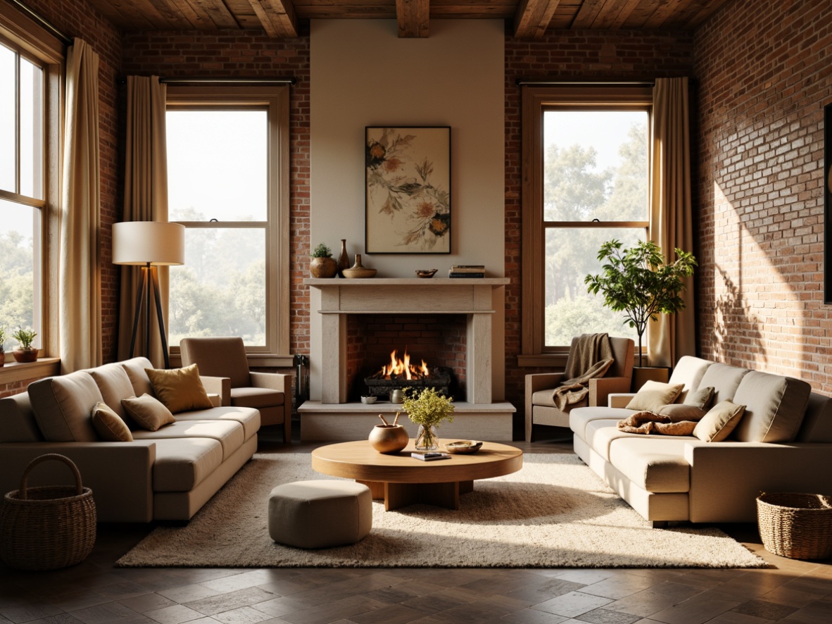 Prompt: Cozy living room, plush sofas, velvety armchairs, wooden coffee tables, soft cushions, warm lighting, floor lamps, rustic brick walls, large windows, natural textiles, woven baskets, earthy color palette, organic shapes, ergonomic design, adjustable headrests, reclining functions, storage ottomans, minimalist decor, airy atmosphere, soft instrumental music, warm beige tones.