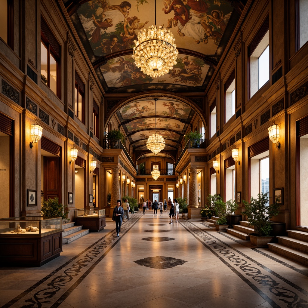 Prompt: Grand museum interior, Renaissance-era architecture, ornate chandeliers, warm golden lighting, soft diffused illumination, track lighting, display case spotlights, rich wood paneling, marble flooring, intricate frescoes, grand staircases, ornate balconies, vaulted ceilings, natural daylight filtering, subtle ambient shadows, 1/2 composition, realistic textures, atmospheric rendering.