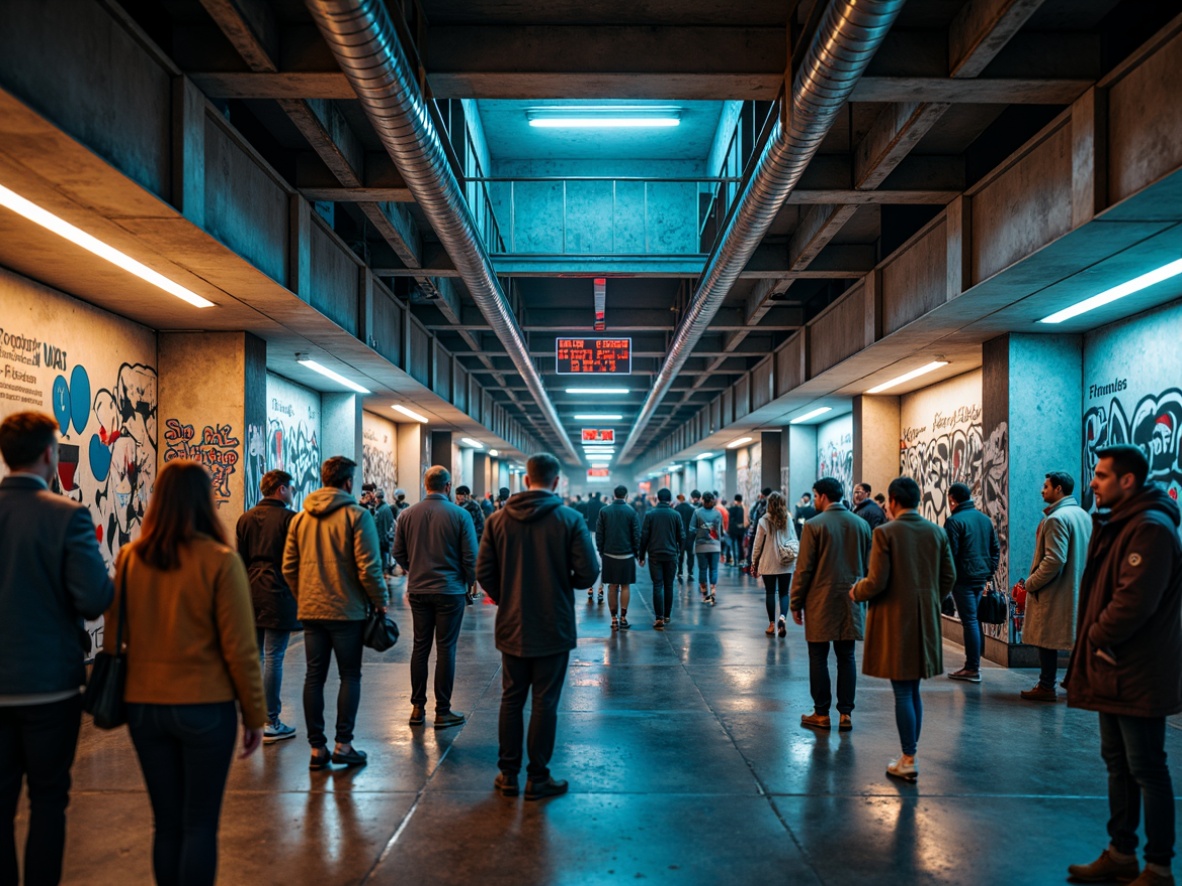 Prompt: Vibrant metro station, urban atmosphere, eclectic crowd, steel beams, concrete columns, industrial lighting, modern vernacular style, distressed denim fabrics, bold graffiti patterns, neon-colored accents, metallic textures, futuristic materials, abstract geometric shapes, moody color palette, atmospheric misting, shallow depth of field, 1/2 composition, cinematic view, realistic reflections.