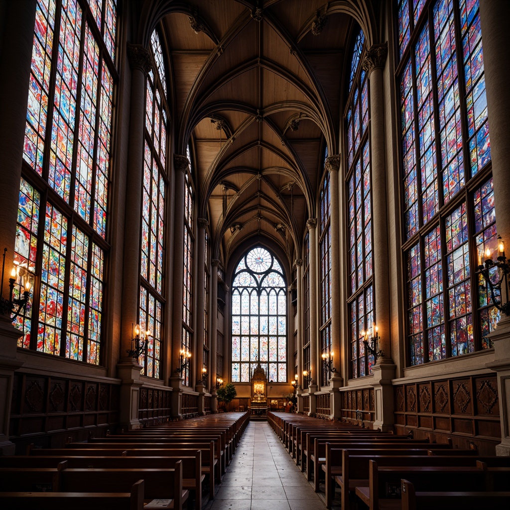 Prompt: Vibrant stained glass windows, intricate designs, kaleidoscope colors, ornate patterns, Gothic architecture, grand cathedrals, majestic ceilings, luminous lighting, subtle shading, warm ambiance, rich textures, detailed brushstrokes, mystical atmosphere, sacred spaces, devotional art, medieval inspiration, symmetrical compositions, 1/1 aspect ratio, soft focus blur, cinematic mood.