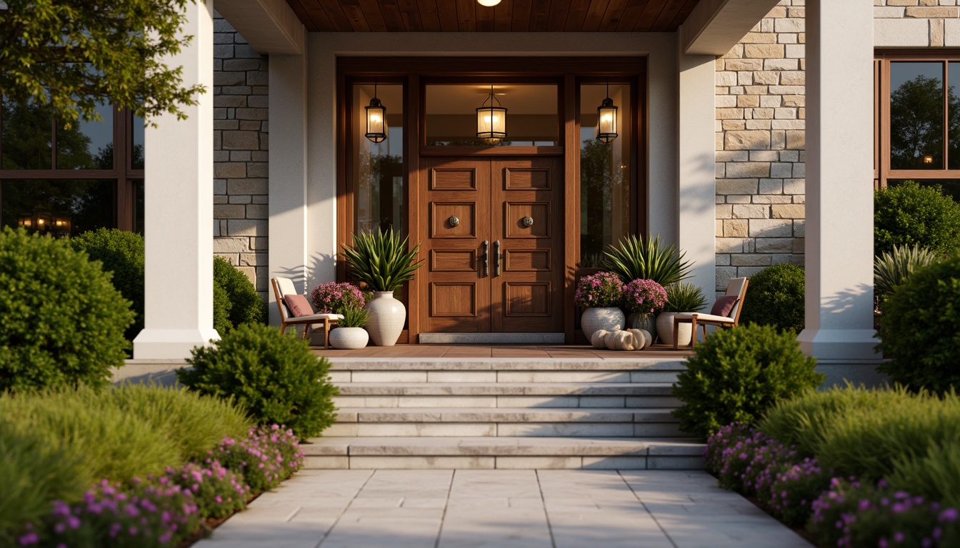 Prompt: Grand traditional entrance, ornate wooden doors, elegant door handles, warm lantern lighting, inviting porch seating, lush greenery, blooming flowers, natural stone pathways, rustic brick walls, classic columns, symmetrical architecture, soft warm color palette, cozy ambiance, shallow depth of field, 1/2 composition, realistic textures, ambient occlusion.