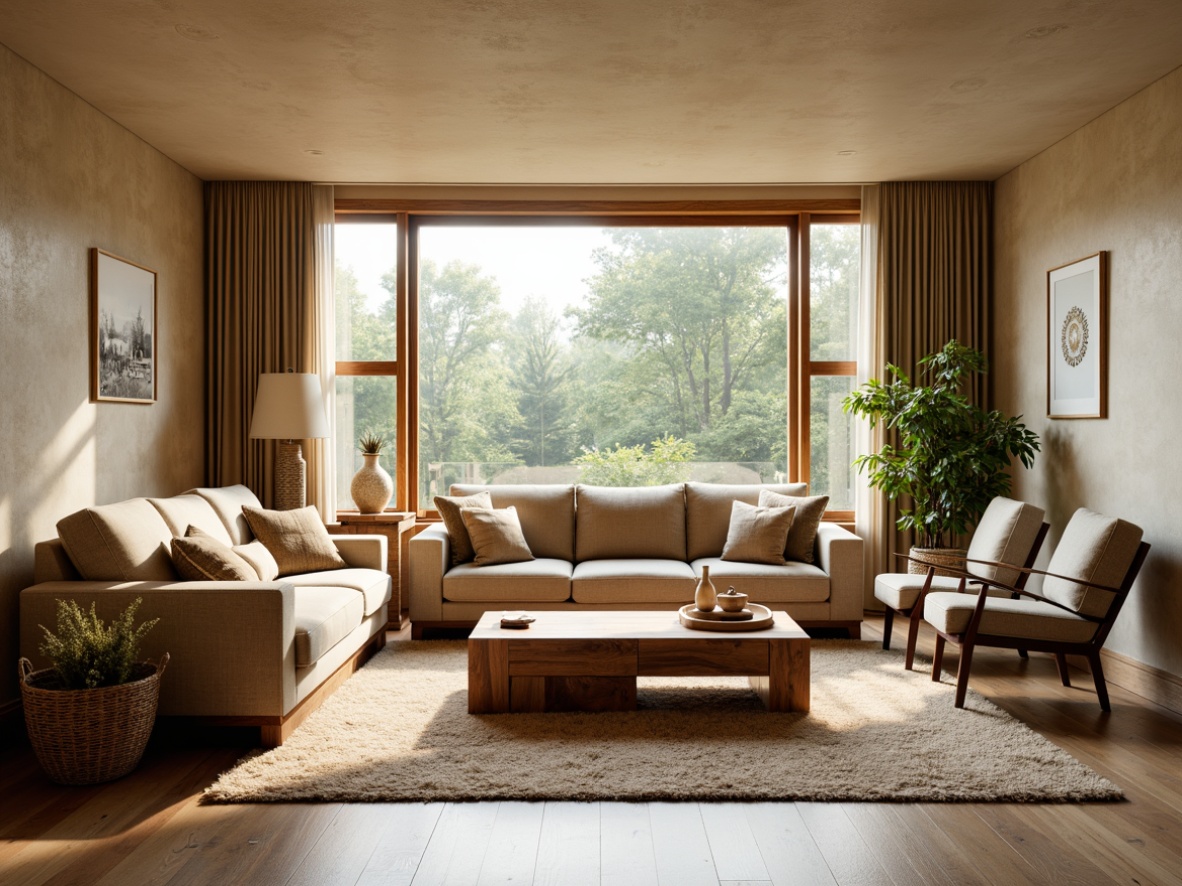 Prompt: Cozy living room, plush sofa, soft cushions, ergonomic armchairs, reclaimed wood coffee table, woven basket storage, natural fiber rugs, warm beige walls, large windows, abundant natural light, gentle diffused lighting, 3/4 composition, inviting atmosphere, realistic textures, ambient occlusion.