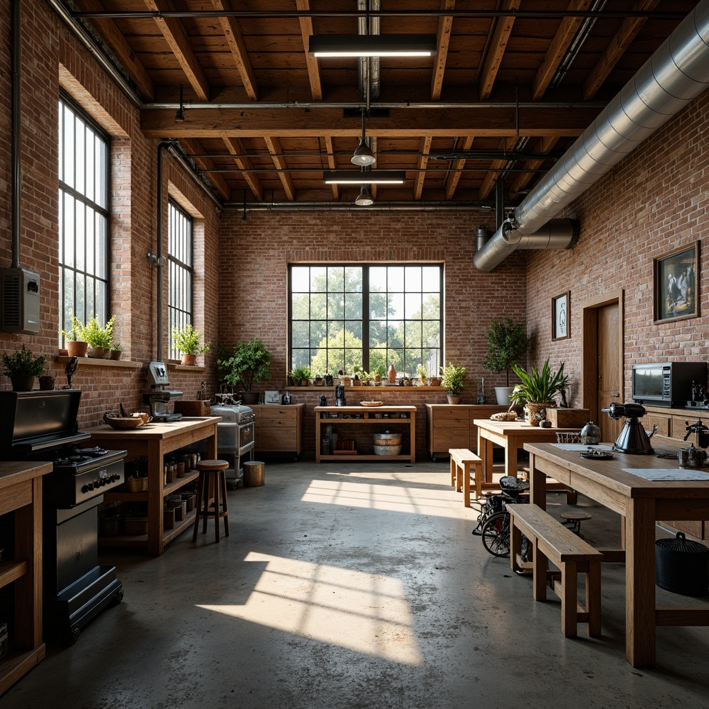 Prompt: Industrial workshop, exposed brick walls, metal beams, wooden workbenches, vintage machinery, rustic tools, earthy tones, warm beige colors, rich wood accents, deep blue hues, bright yellow highlights, natural textures, distressed finishes, soft ambient lighting, shallow depth of field, 2/3 composition, realistic materials, atmospheric effects.