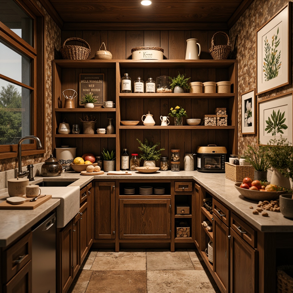 Prompt: Cozy pantry, warm wooden shelves, rustic storage bins, vintage kitchen utensils, earthy color palette, natural stone countertops, soft warm lighting, shallow depth of field, 1/1 composition, realistic textures, ambient occlusion, framed botanical prints, distressed wooden frames, classic typography, subtle patterned wallpapers, woven baskets, ceramic jars, aromatic spices, artisanal food displays.