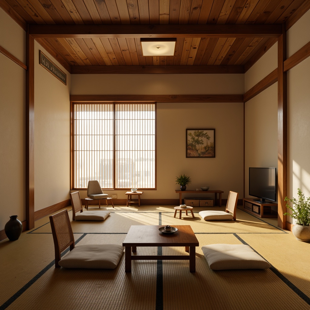 Prompt: \Traditional Japanese tatami room, sliding shoji doors, natural wood accents, soft warm lighting, minimalist decor, floor-seating arrangement, plush cushions, low wooden tables, woven bamboo chairs, traditional tea ceremony setup, serene atmosphere, shallow depth of field, 1/1 composition, realistic textures, ambient occlusion.\