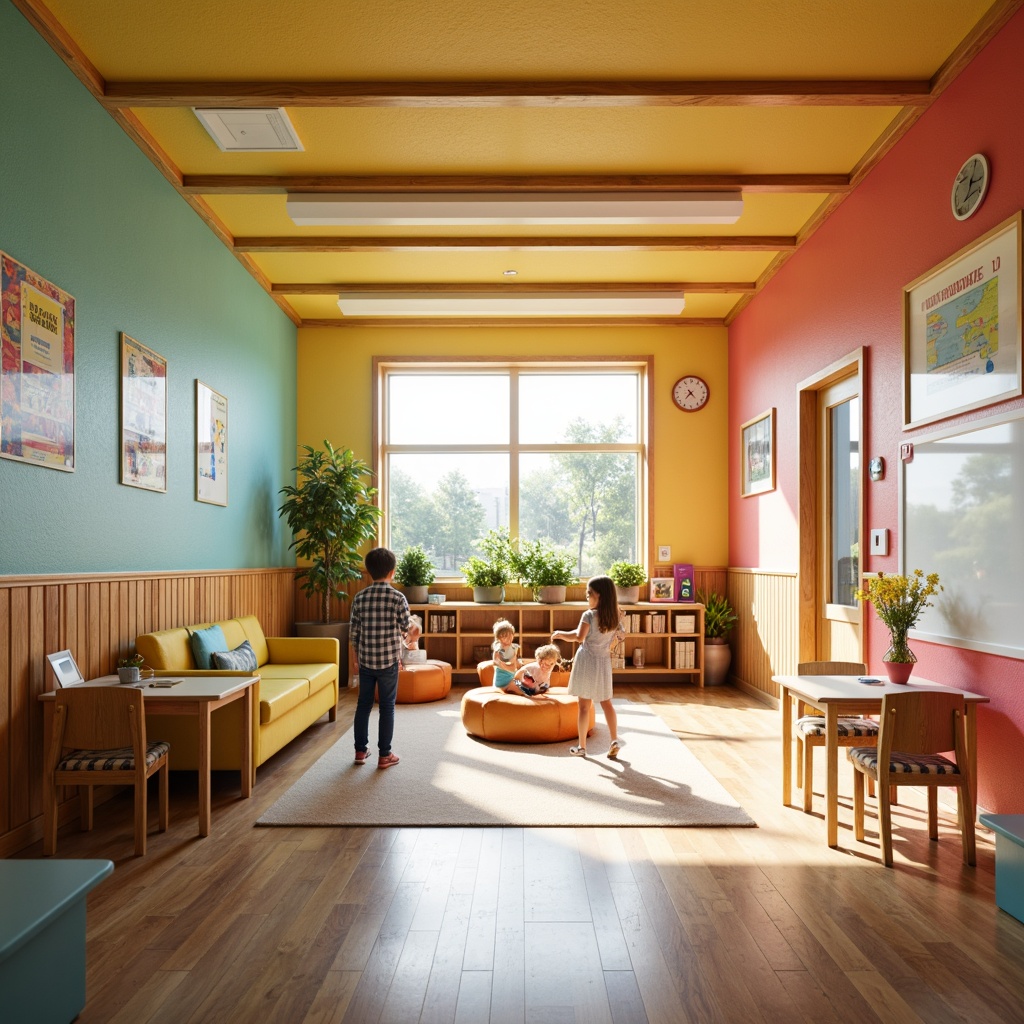 Prompt: Vibrant elementary school, playful kindergarten atmosphere, warm beige walls, rich wood accents, soothing blue-green hues, stimulating yellow-orange tones, engaging coral pink shades, educational posters, interactive whiteboards, comfortable seating areas, natural light pouring in, softbox lighting, 1/2 composition, medium depth of field, realistic textures, ambient occlusion.