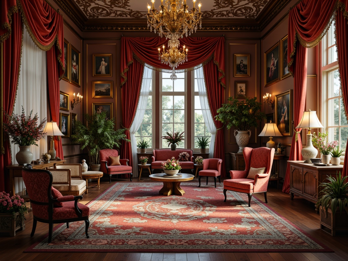 Prompt: Opulent craft room, lavish fabrics, intricately embroidered silks, richly patterned velvets, ornate golden frames, delicate porcelain vases, soft warm lighting, shallow depth of field, 1/1 composition, realistic textures, ambient occlusion, indulgent tufted armchairs, majestic crystal chandeliers, whimsical floral arrangements, lavish drapery, intricate lace details, Rococo-inspired motifs, antique furnishings, vintage decorative accents.