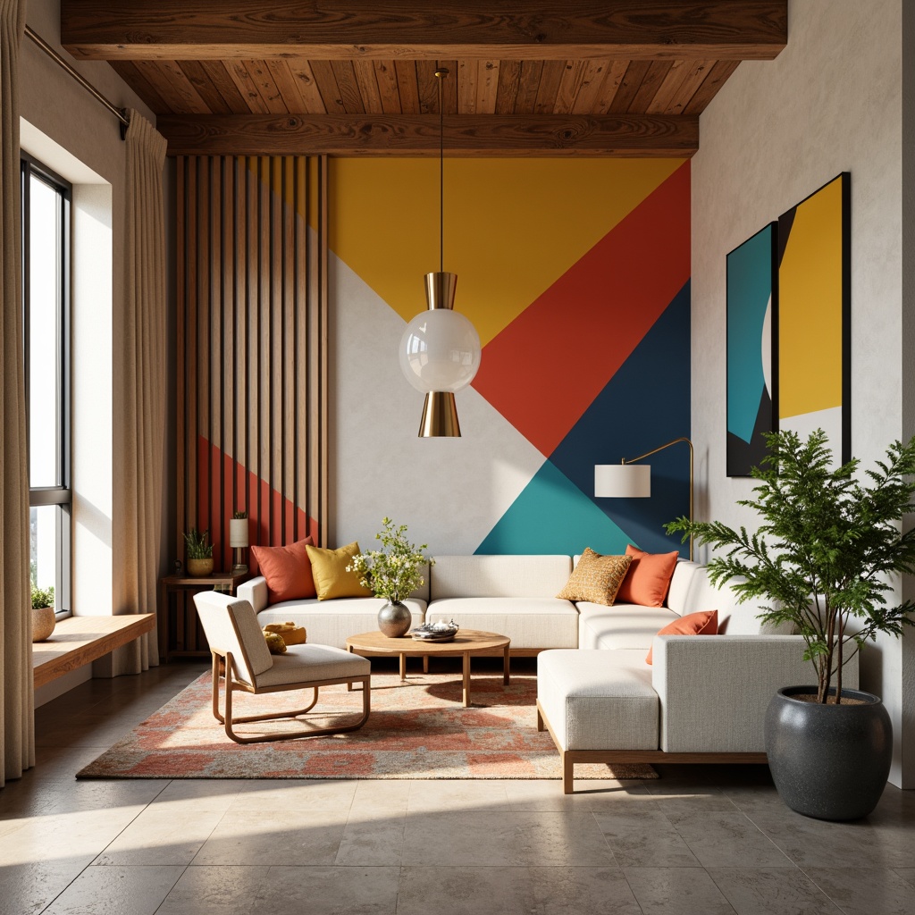 Prompt: Vibrant modern interior, sleek lines, metallic accents, bold color scheme, contrasting neutrals, pastel hues, warm earth tones, rich jewel tones, soft monochromatic gradient, natural light pouring in, 3/4 composition, realistic textures, ambient occlusion, minimalist decor, abstract artwork, designer furniture, statement lighting fixtures.