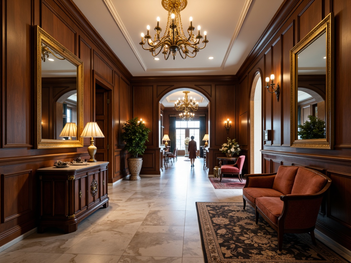 Prompt: Elegant hallway, grand entrance, luxurious chandelier, marble flooring, ornate mirrors, velvet upholstery, antique furniture pieces, rich wood tones, sophisticated color palette, subtle textures, refined decorative accents, classical architecture influences, stately proportions, dramatic lighting effects, warm inviting atmosphere, cozy reading nook, plush area rug.