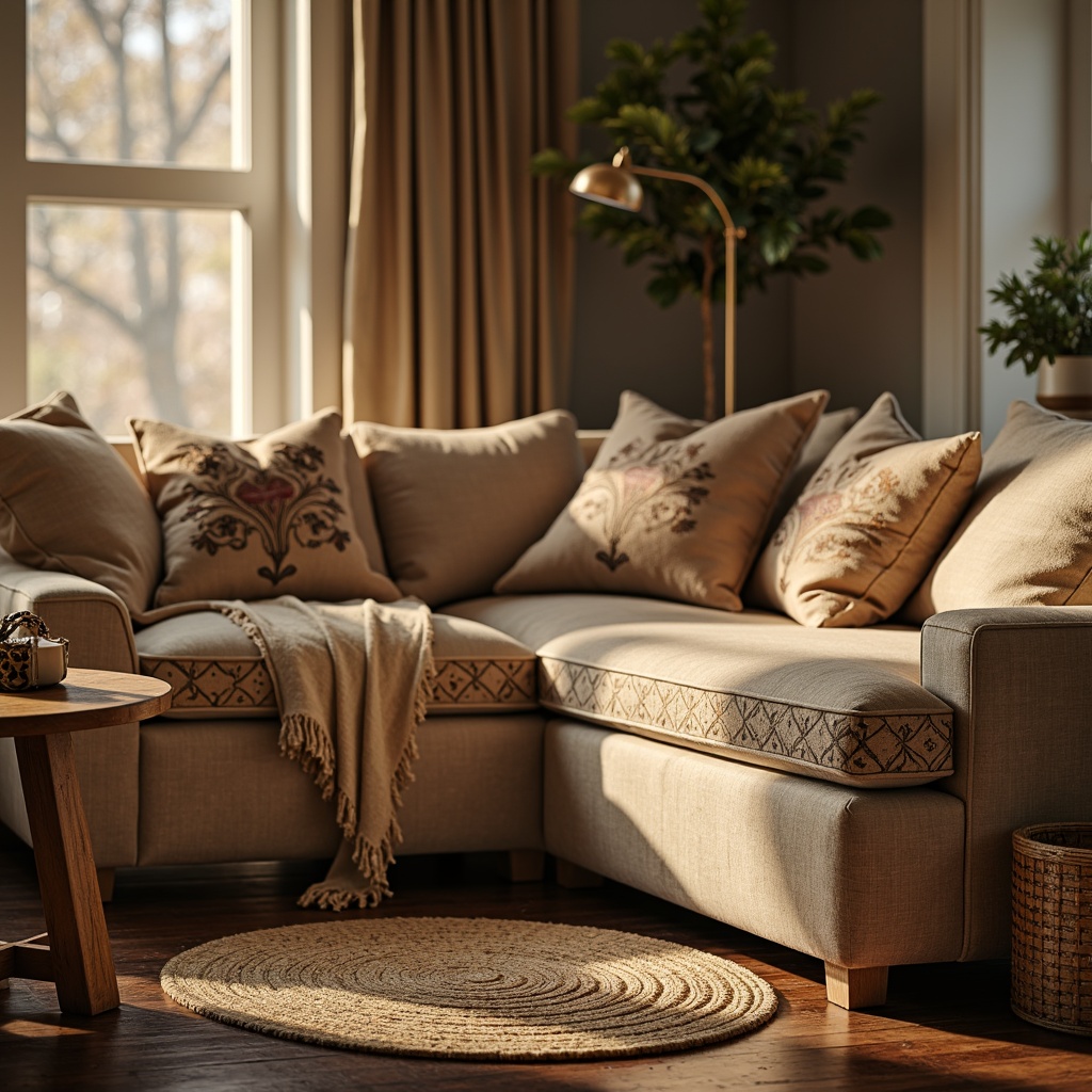 Prompt: Cozy living room, plush furniture, soft velvet upholstery, warm beige colors, intricate embroidery patterns, delicate lace details, comfortable pillows, rustic wooden accents, natural woven baskets, earthy tone rugs, ambient warm lighting, shallow depth of field, 1/1 composition, realistic textures, subtle shading.