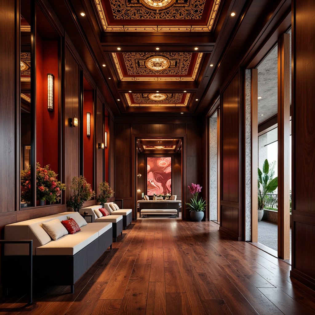 Prompt: Luxurious hall, rich Asian-inspired decor, dark hardwood floors, intricately carved wooden panels, ornate ceiling designs, bold red accents, golden hardware, lavish silk fabrics, subtle sheen finishes, matte lacquer surfaces, polished marble countertops, textured stone walls, warm ambient lighting, softbox shadows, 1/1 composition, symmetrical framing, realistic reflections.