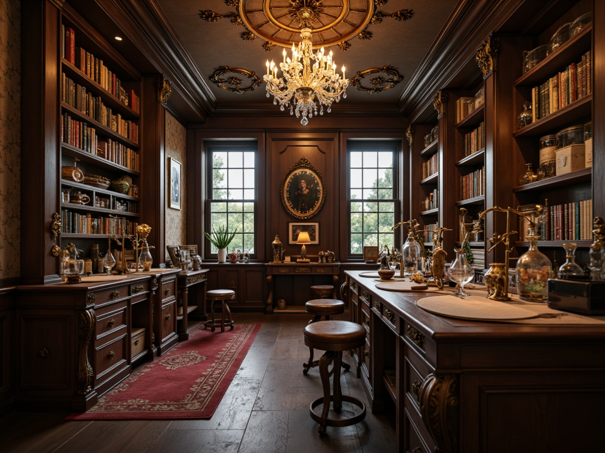 Prompt: Intricately carved laboratory furniture, ornate gilded details, velvet upholstery, lavish crystal chandeliers, rich wood tones, curved Rococo legs, antique scientific instruments, distressed finishes, mysterious ambiance, dim warm lighting, shallow depth of field, 1/2 composition, soft focus, realistic textures, ambient occlusion.