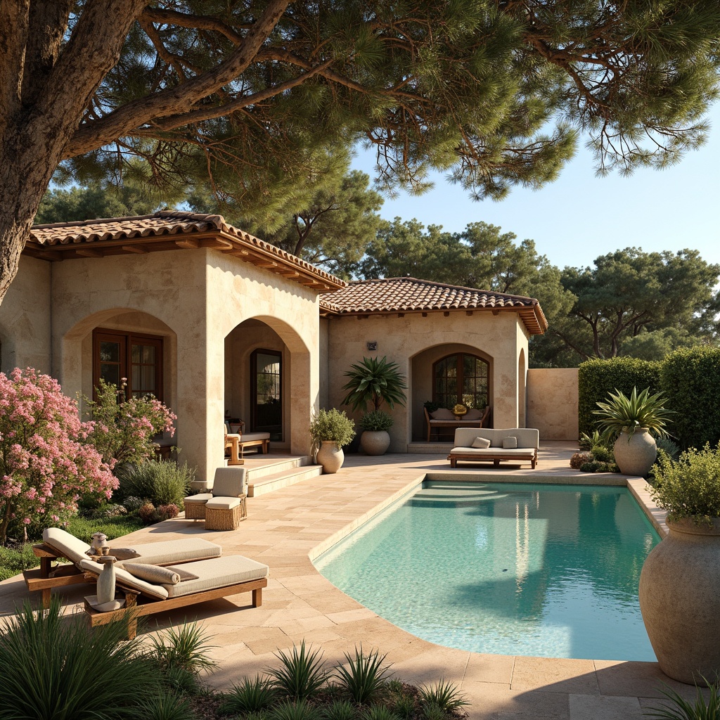 Prompt: Warm Mediterranean villa, rustic stone walls, terra cotta roof tiles, lush greenery, blooming flowers, turquoise waters, sunny day, soft warm lighting, shallow depth of field, 3/4 composition, panoramic view, realistic textures, ambient occlusion, earthy tones, sandy beige, weathered wood accents, distressed finishes, natural fabrics, woven textiles, ceramic vases, ornate metalwork, vibrant blue hues, warm golden lighting, cozy outdoor seating areas.