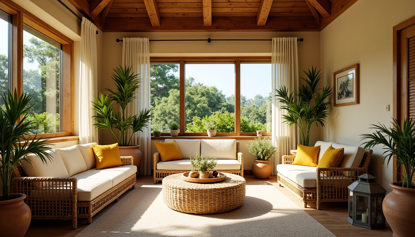 Prompt: Vibrant sunroom, warm beige walls, rich wood accents, lush greenery, natural textiles, woven wicker furniture, soft cream-colored upholstery, bright citrus hues, sunny yellow shades, calming blue undertones, earthy terracotta pots, rustic metal lanterns, ambient warm lighting, shallow depth of field, 1/1 composition, realistic textures, atmospheric misting.