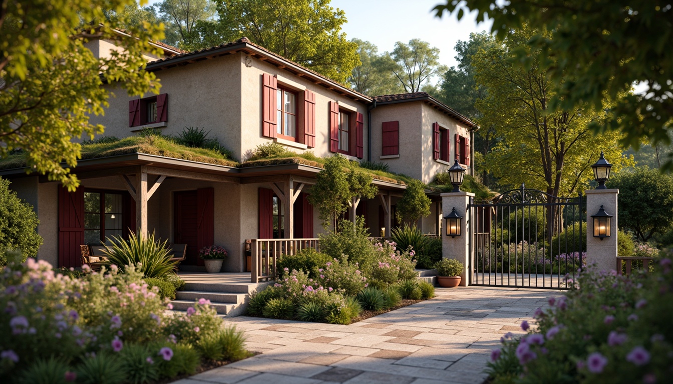 Prompt: Rustic French country cottage, earthy maroon exterior walls, distressed wooden shutters, soft moss-covered roofs, charming stone pathways, lush greenery, vibrant wildflowers, antique wrought iron gates, ornate metal lanterns, warm golden lighting, shallow depth of field, 1/1 composition, intimate view, realistic textures, ambient occlusion.