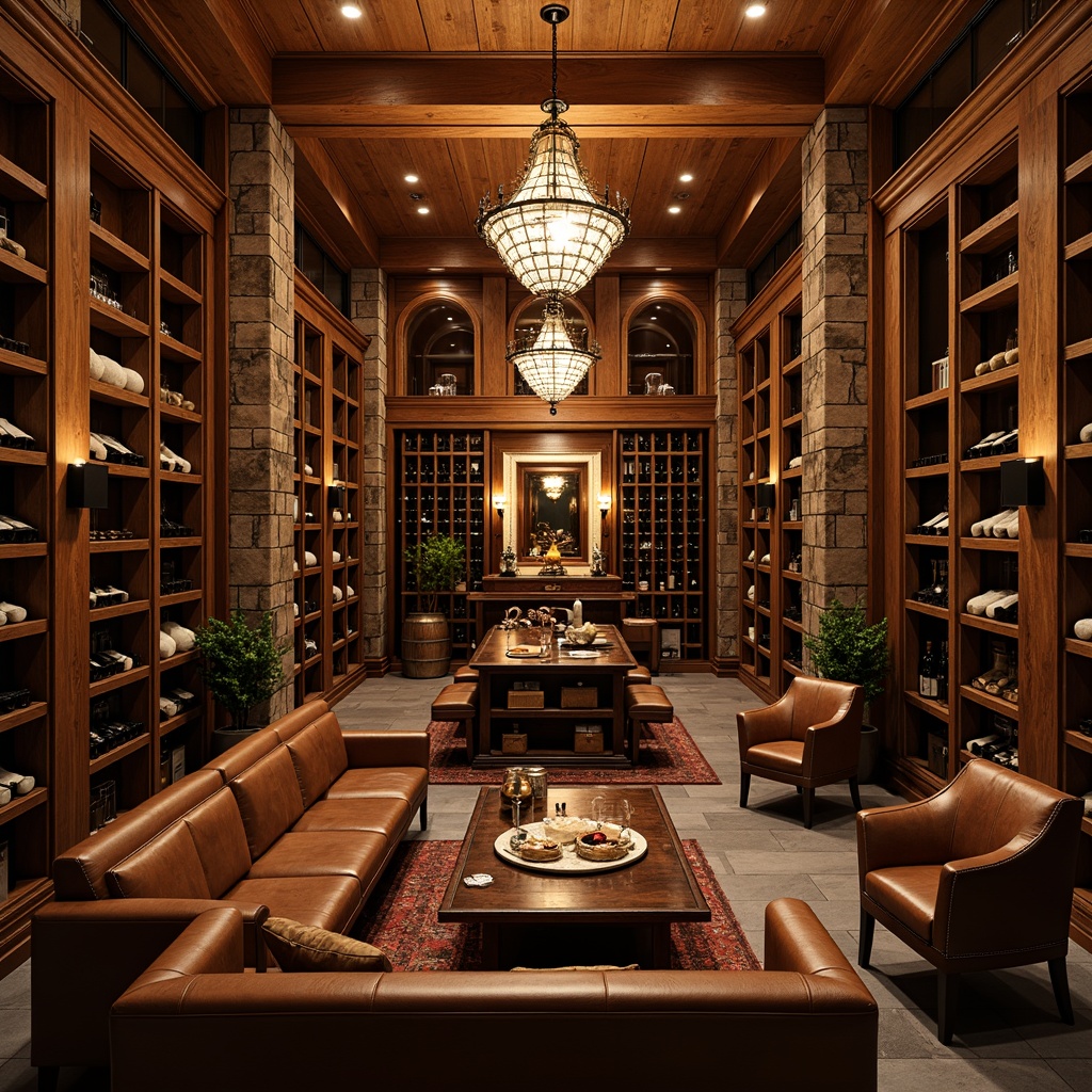 Prompt: Luxurious wine cellar, rich wood tones, dimmable warm lighting, soft golden glow, elegant chandeliers, rustic stone walls, polished metal accents, comfortable leather seating, refined wooden crates, vintage wine barrels, sophisticated temperature control systems, humidification units, dark cool atmosphere, subtle spotlighting, dramatic ceiling heights, ornate metalwork, premium glassware, intimate social areas, romantic ambiance, soft background music.