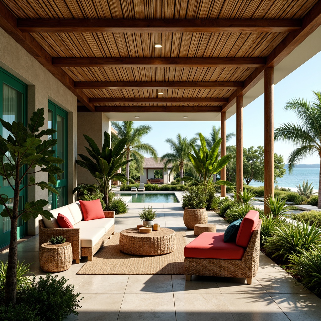 Prompt: Vibrant tropical colors, lush greenery, exotic plants, natural materials, woven rattan furniture, wooden accents, bamboo ceilings, bright coral hues, turquoise tiles, ocean-inspired patterns, coastal vibe, open-air spaces, large windows, sliding glass doors, panoramic views, warm sunny lighting, soft shadows, 3/4 composition, realistic textures, ambient occlusion.