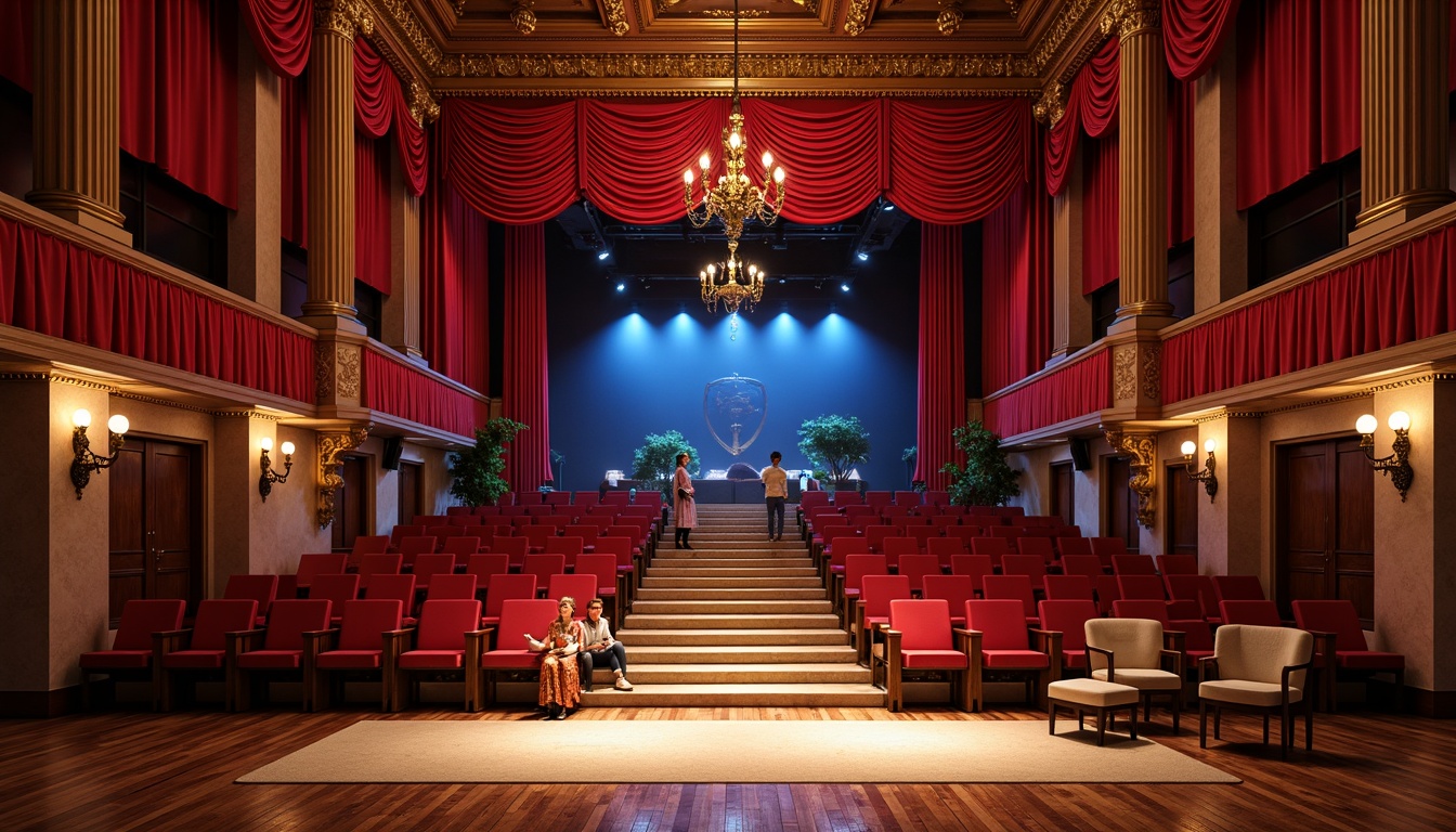 Prompt: Vibrant auditorium interior, rich red velvet curtains, polished wooden floorboards, golden accents, ornate chandeliers, grandiose staircase, luxurious seating area, bold color scheme, deep blue walls, warm beige carpets, metallic silver trimmings, dramatic spotlights, soft warm glow, high contrast ratio, 1/2 composition, cinematic atmosphere, realistic reflections, ambient occlusion.