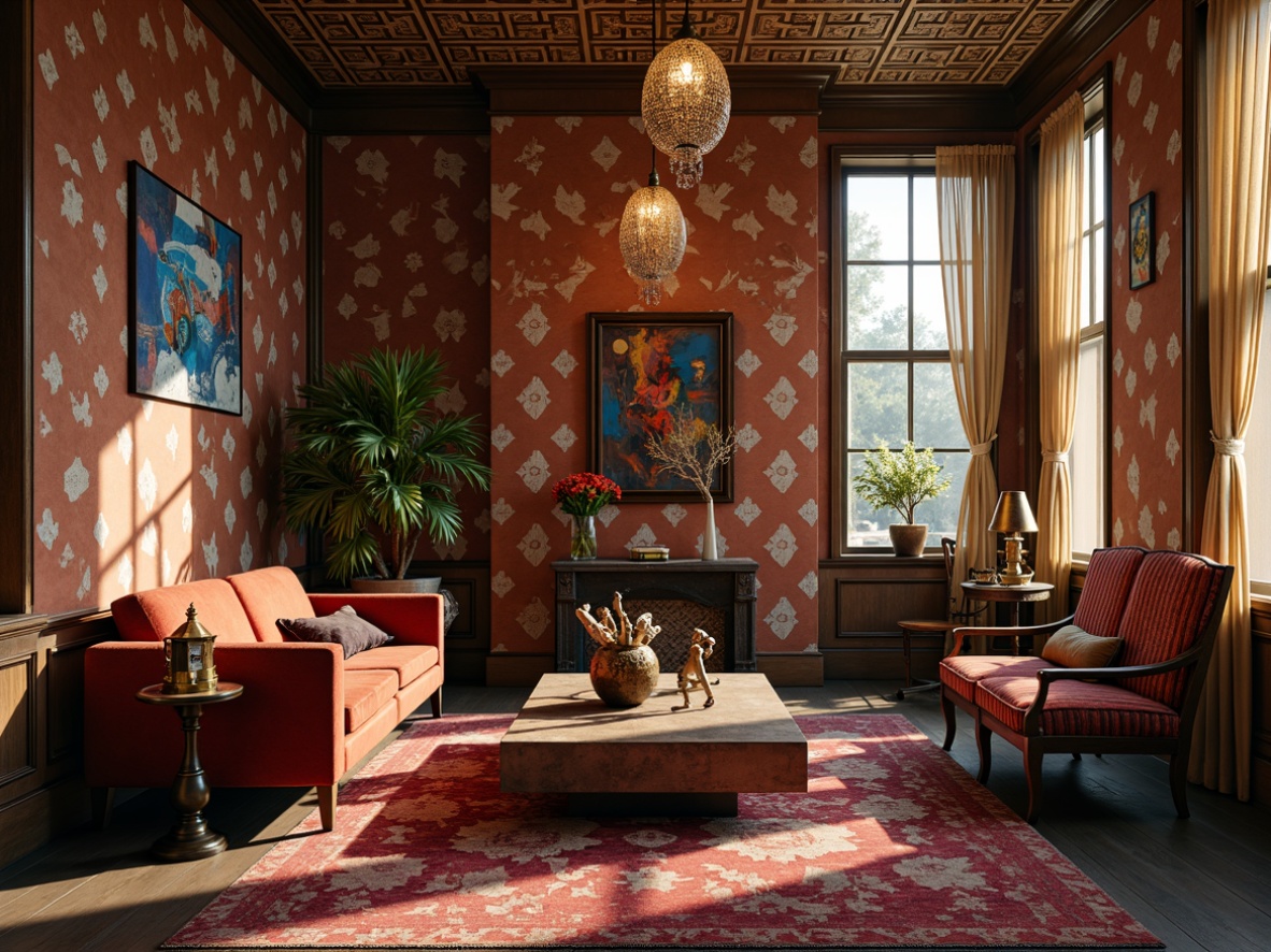 Prompt: Richly textured walls, bold geometric patterns, eclectic mix of vintage and modern furniture, plush velvet sofas, distressed wood accents, ornate metal lighting fixtures, vibrant colorful rugs, abstract artwork, statement pieces, playful sculptural elements, warm golden lighting, shallow depth of field, 1/1 composition, realistic textures, ambient occlusion, cozy intimate atmosphere.