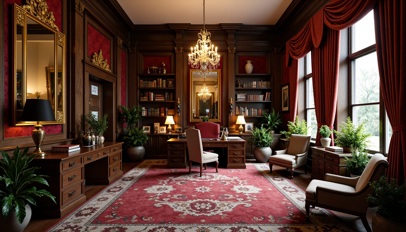 Prompt: Richly ornate Victorian home office, warm golden lighting, intricately patterned rugs, dark wood furniture, luxurious velvet drapes, vintage leather-bound books, antique writing desks, ornamental metalware, elegant crystal chandeliers, rich jewel-toned walls, deep crimson reds, emerald greens, navy blues, warm beige neutrals, soft creamy whites, traditional British floral patterns, distressed textures, nostalgic charm, cozy atmosphere, shallow depth of field, 1/2 composition, realistic rendering.