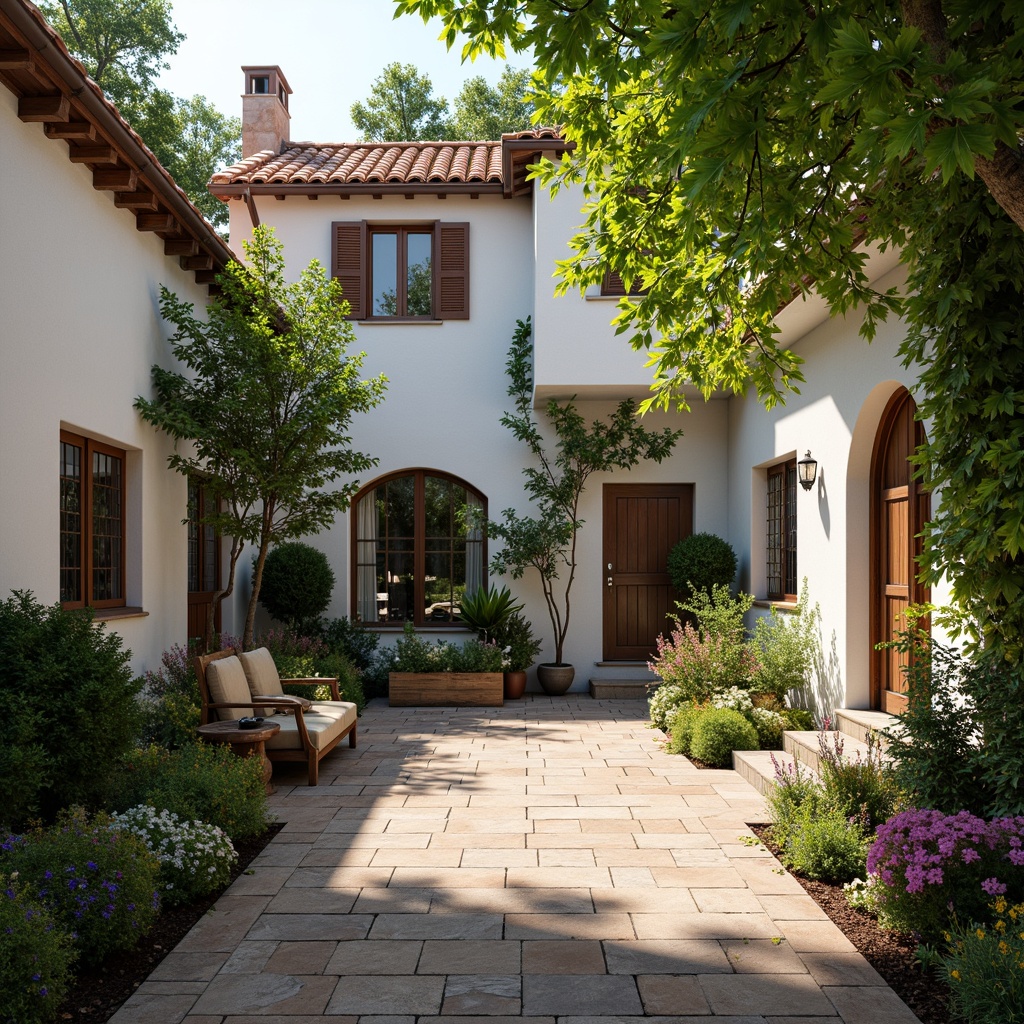 Prompt: Tranquil Mediterranean courtyard, lush greenery, vibrant flowers, rustic stone flooring, arched doorways, ornate ironwork, clay tile roofs, whitewashed walls, wooden shutters, colorful ceramic tiles, warm natural lighting, soft shadows, intimate seating areas, water features, serene ambiance, symmetrical composition, 1/2 format, realistic textures, ambient occlusion.