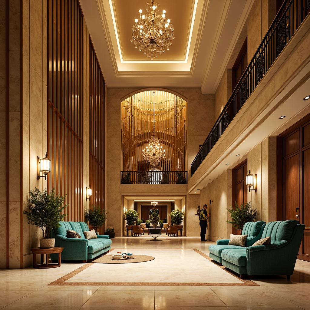 Prompt: Grand entrance, luxurious foyer, warm golden lighting, rich wood tones, creamy marble floors, ornate metal railings, plush velvet upholstery, vibrant turquoise accents, soft beige walls, dramatic high ceilings, elegant chandeliers, sophisticated neutral color scheme, harmonious contrast, inviting ambiance, cinematic composition, shallow depth of field, 1/1 ratio, warm soft focus.