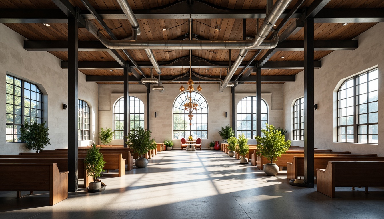 Prompt: Minimalist worship hall, symmetrical spatial layout, industrial materials, exposed ductwork, concrete floors, steel beams, geometric stained glass windows, bold color accents, abstract sculptures, modernist chandeliers, open floor plans, functional simplicity, natural light pouring in, high ceilings, dramatic verticality, 1/1 composition, wide-angle lens, soft diffused lighting, subtle shadows, ambient occlusion.