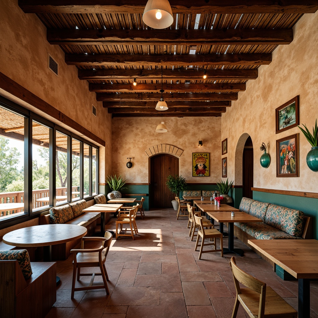 Prompt: Vibrant southwestern pub, adobe architecture, rustic wooden accents, turquoise glass decorations, woven textiles, desert-inspired color palette, natural stone walls, reclaimed wood furniture, industrial metal beams, pendant lanterns, warm cozy lighting, shallow depth of field, 3/4 composition, panoramic view, realistic textures, ambient occlusion.