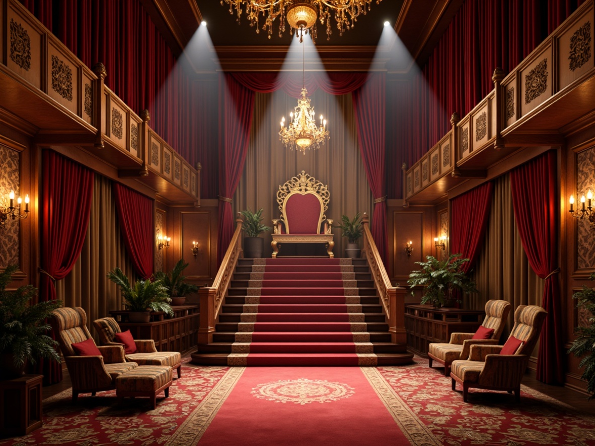 Prompt: \Dramatic stage-inspired interior, velvet curtains, golden lighting fixtures, ornate chandeliers, plush red carpets, regal thrones, majestic archways, grand staircases, lavish furnishings, luxurious fabrics, rich wood paneling, opulent textures, spotlights, dramatic shadows, low-angle camera views, cinematic composition, vibrant color palette, bold geometric patterns, intricate details, whimsical accessories.\