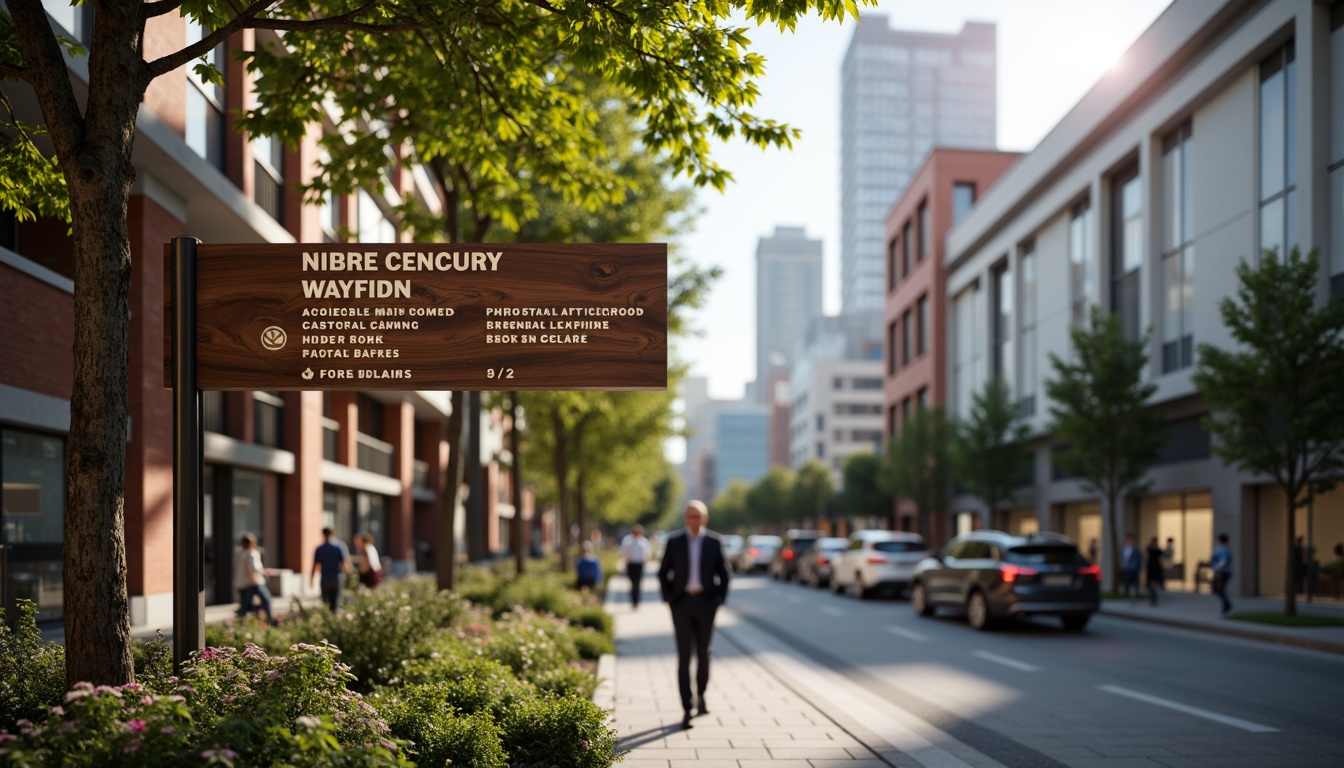 Prompt: Retro-style wayfinding signs, mid-century modern aesthetic, sleek typography, bold color schemes, geometric patterns, minimal ornamentation, clean lines, simple shapes, wooden or metal materials, subtle lighting effects, ambient shadows, shallow depth of field, 1/2 composition, panoramic view, realistic textures, ambient occlusion, urban cityscape, busy streets, pedestrian traffic, commercial buildings, office spaces, modern architecture, large windows, glass facades, lush greenery, vibrant flowers.