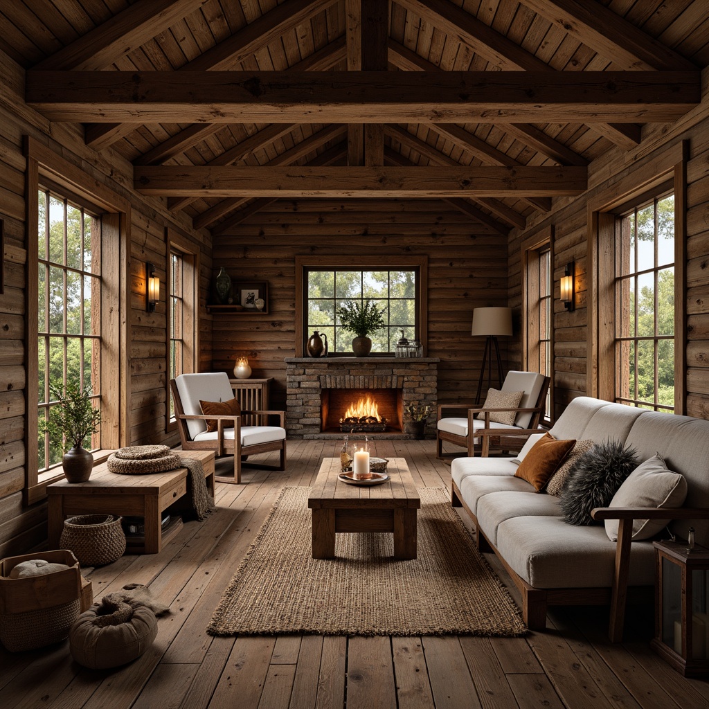 Prompt: Rustic cabin interior, reclaimed wooden planks, distressed wood textures, earthy color palette, natural stone walls, rugged brick accents, vintage metal fixtures, woven jute rugs, plush fur throws, candlelit ambiance, warm soft lighting, shallow depth of field, 1/2 composition, realistic wood grain, ambient occlusion.