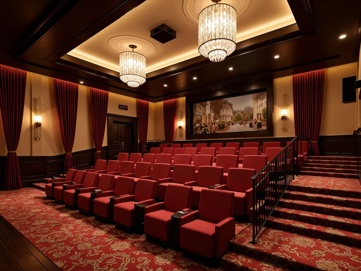 Prompt: Luxurious cinema interior, rich velvet curtains, gold accents, dark wood paneling, plush red seats, ornate chandeliers, subtle LED lighting, warm beige walls, sophisticated art deco patterns, elegant metal railings, grand staircase, opulent carpeting, dramatic spotlights, cinematic sound systems, 3/4 composition, low-key lighting, shallow depth of field, panoramic view, realistic textures, ambient occlusion.