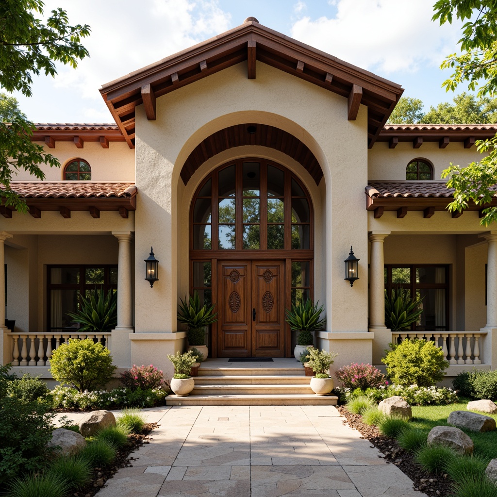 Prompt: Grand entrance, ornate wooden doors, classic pediment, ionic columns, decorative architraves, rusticated stonework, symmetrical fa\u00e7ade, elegant portico, carved wooden accents, refined metalwork, traditional roofing tiles, lantern-style lighting fixtures, lush greenery, natural stone pathways, inviting porch, warm beige color scheme, soft afternoon sunlight, shallow depth of field, 1/1 composition, realistic textures, ambient occlusion.