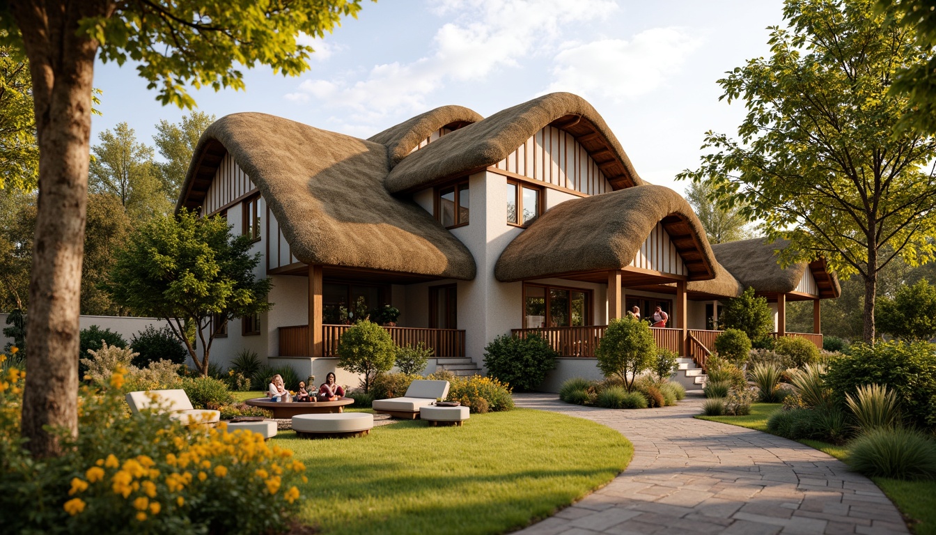 Prompt: Rustic academic house, thatched roof, earthy brown color, natural textures, curved lines, traditional English style, cozy atmosphere, overhanging eaves, wooden beams, stone walls, lush greenery, blooming flowers, serene surroundings, warm sunny day, soft golden lighting, shallow depth of field, 1/2 composition, realistic rendering, ambient occlusion.