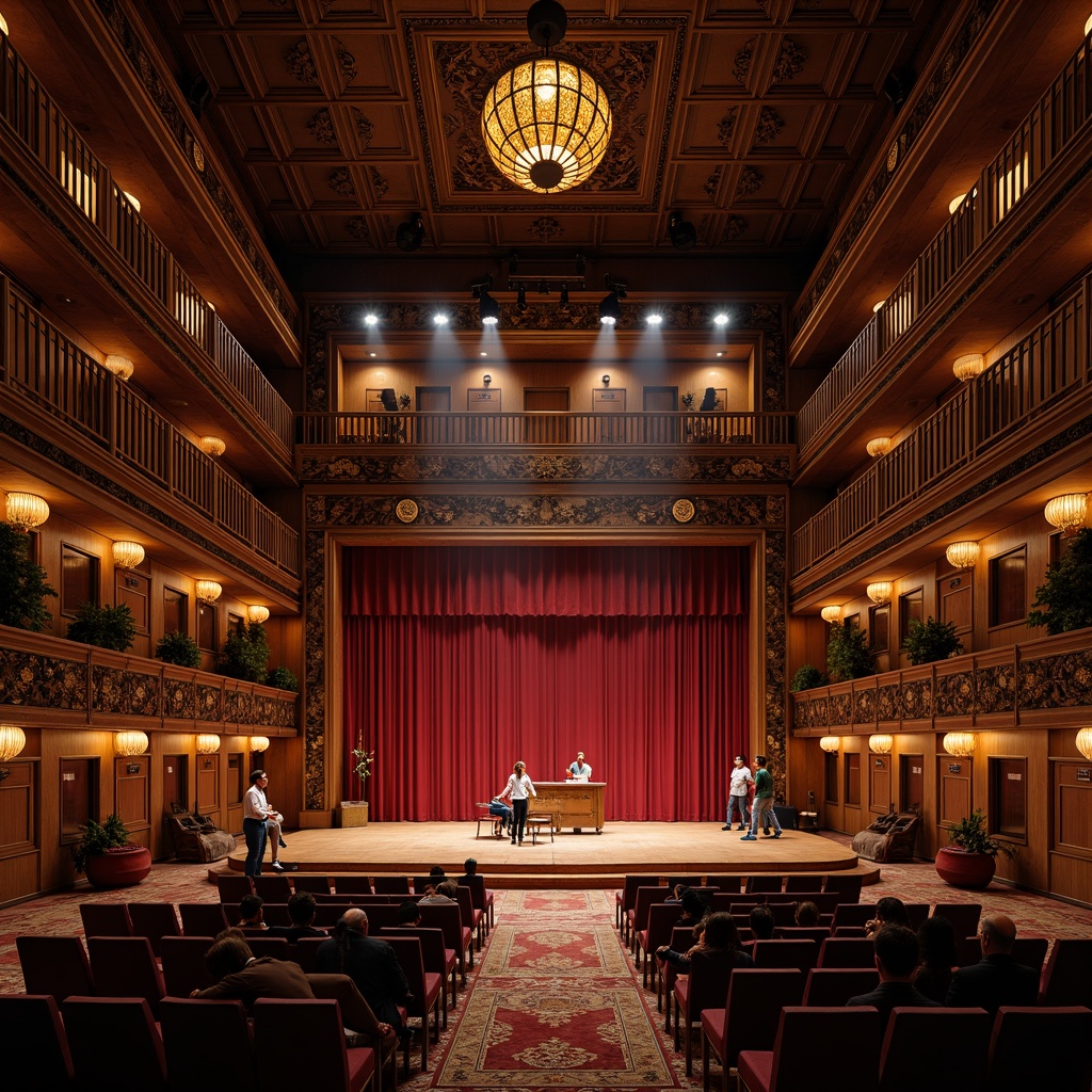 Prompt: Traditional performing arts center, ornate wooden stage, intricately carved balconies, crimson velvet curtains, golden lanterns, lavish chandeliers, oriental-inspired motifs, richly patterned rugs, comfortable seating areas, acoustic sound systems, dramatic spotlights, warm atmospheric lighting, 1/1 composition, intimate audience setup, realistic textures, ambient occlusion.