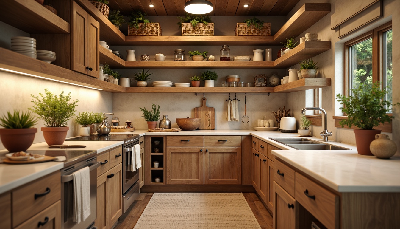 Prompt: Cozy pantry interior, warm beige cabinetry, rich wood tones, soft cream countertops, rustic metal hardware, woven baskets, natural linen textiles, vintage-inspired ceramic tiles, earthy terracotta pots, fragrant herb plants, warm task lighting, shallow depth of field, 1/1 composition, realistic textures, ambient occlusion.