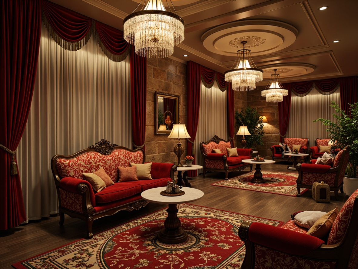 Prompt: Luxurious casino interior, French country-inspired furniture, ornate wooden carvings, rich velvet upholstery, golden metal accents, crystal chandeliers, lavish drapery, intricate patterned rugs, soft warm lighting, shallow depth of field, 1/1 composition, realistic textures, ambient occlusion, rustic stone walls, distressed wood finishes, elegant curved lines, sophisticated color palette, opulent fabrics, extravagant decor, luxurious ambiance.