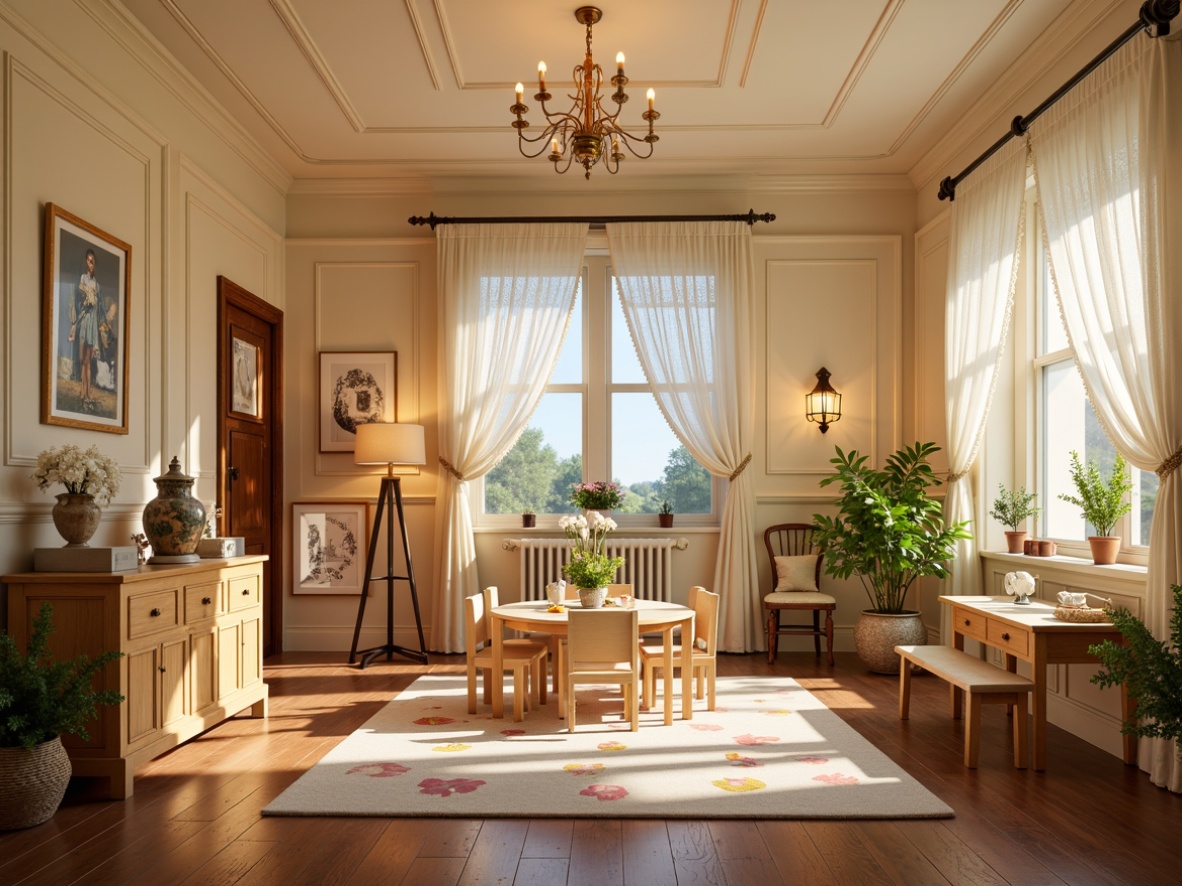 Prompt: Warm and cozy kindergarten, classical architectural style, ornate details, soft warm lighting, creamy walls, wooden floors, traditional furniture, vintage decorations, subtle pastel colors, natural materials, elegant chandeliers, gentle spotlights, warm floor lamps, softbox lights, delicate curtains, lace patterns, flower-patterned carpets, playful kids' artwork, cheerful atmosphere, morning sunlight, shallow depth of field, 1/1 composition, realistic textures, ambient occlusion.