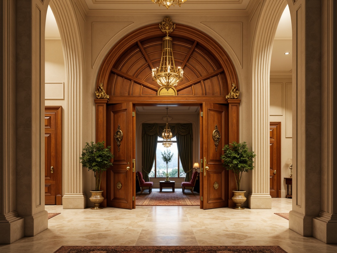 Prompt: Grand entrance, ornate wooden doors, intricately carved details, polished brass hardware, classic archways, symmetrical composition, warm beige tones, rich wood textures, soft golden lighting, subtle shadowing, realistic reflections, 1/1 aspect ratio, traditional architectural influences, elegant columns, refined moldings, sophisticated color palette, inviting foyer, plush area rugs, luxurious wall treatments.