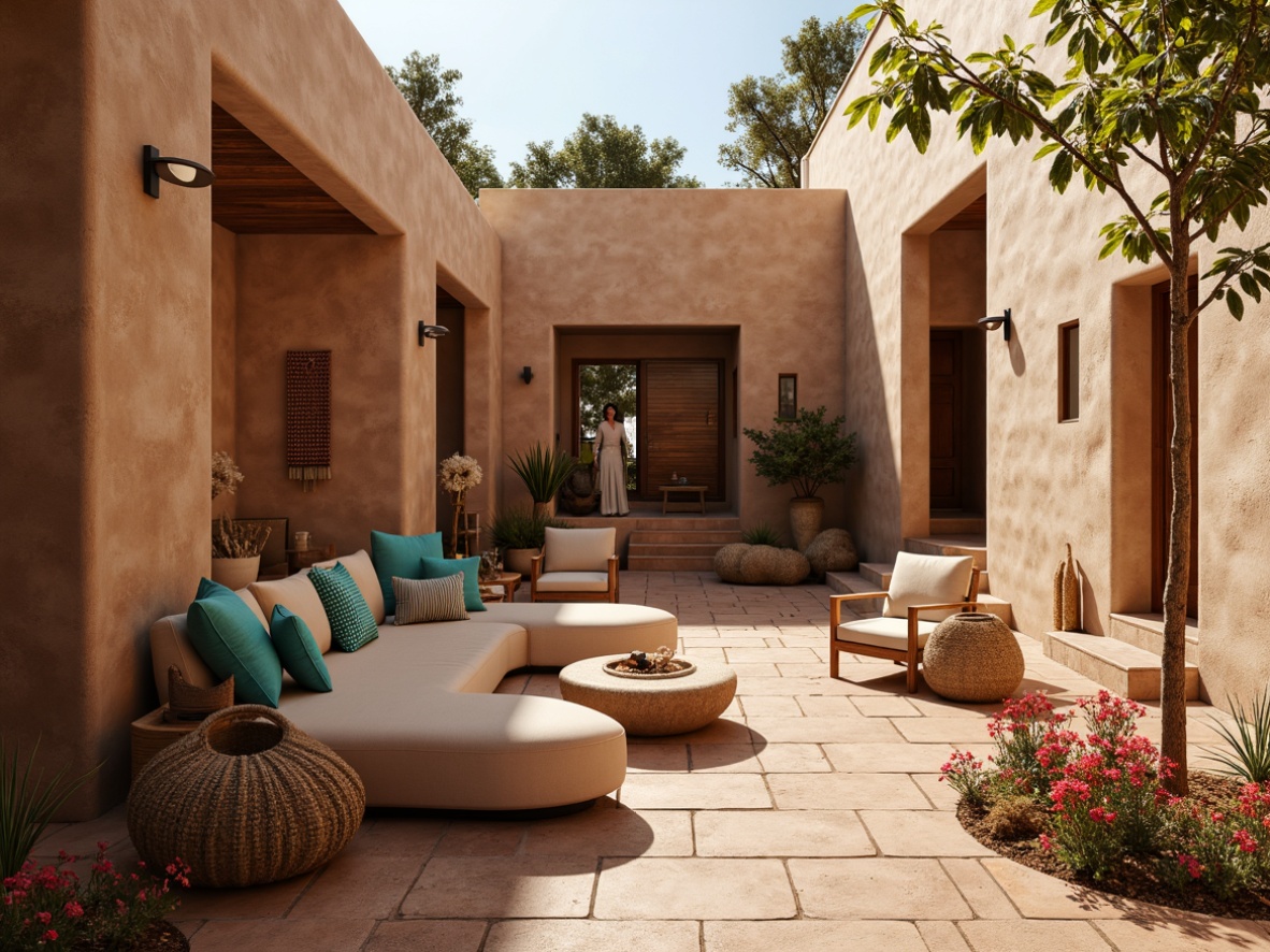 Prompt: Earthy tones, adobe architecture, warm sandy beige, terracotta red, turquoise accents, desert flora, cacti silhouettes, woven textiles, geometric patterns, natural stone walls, wooden beams, cozy reading nooks, ambient warm lighting, soft shadows, 1/1 composition, realistic textures, atmospheric perspective.