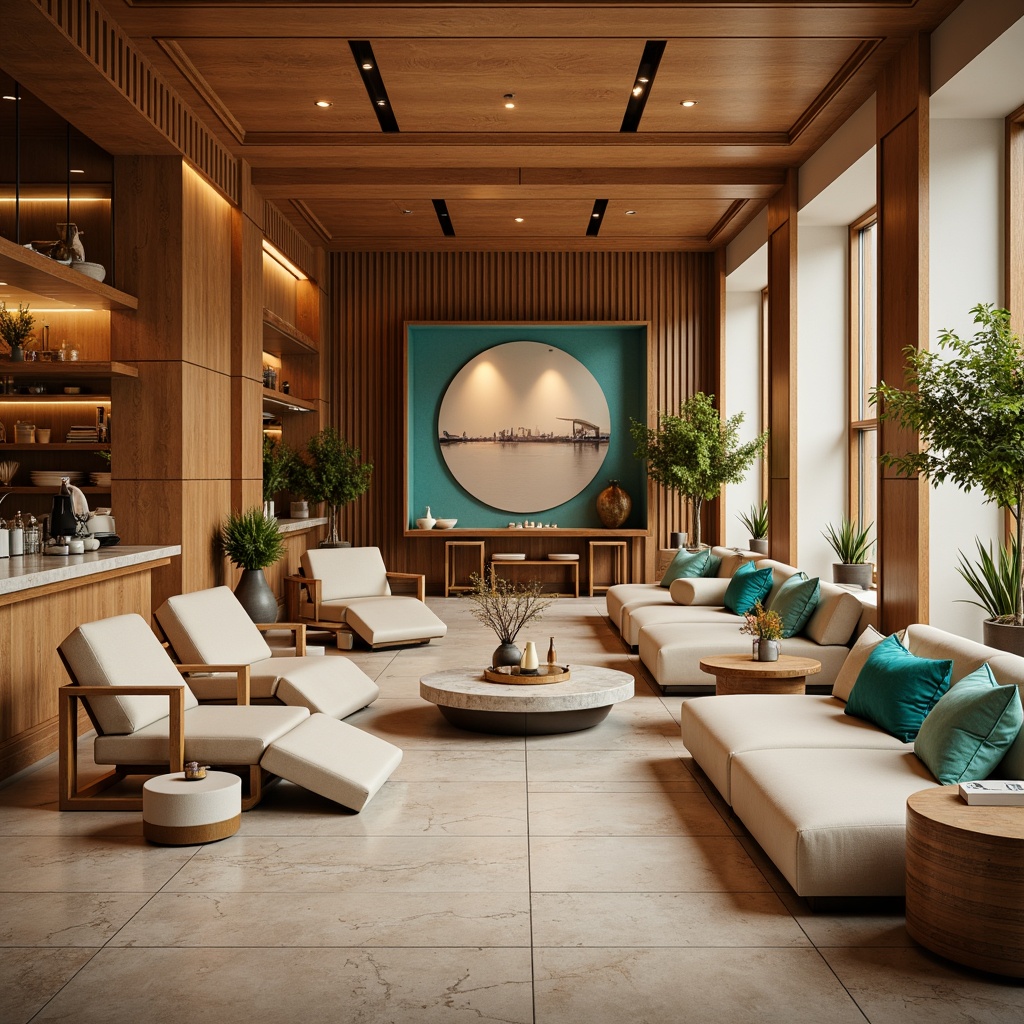 Prompt: Vibrant modern interior, warm natural tones, earthy brown walls, cream-colored furniture, rich turquoise accents, sleek metallic frames, polished marble countertops, soft diffused lighting, 3/4 composition, shallow depth of field, realistic textures, ambient occlusion.