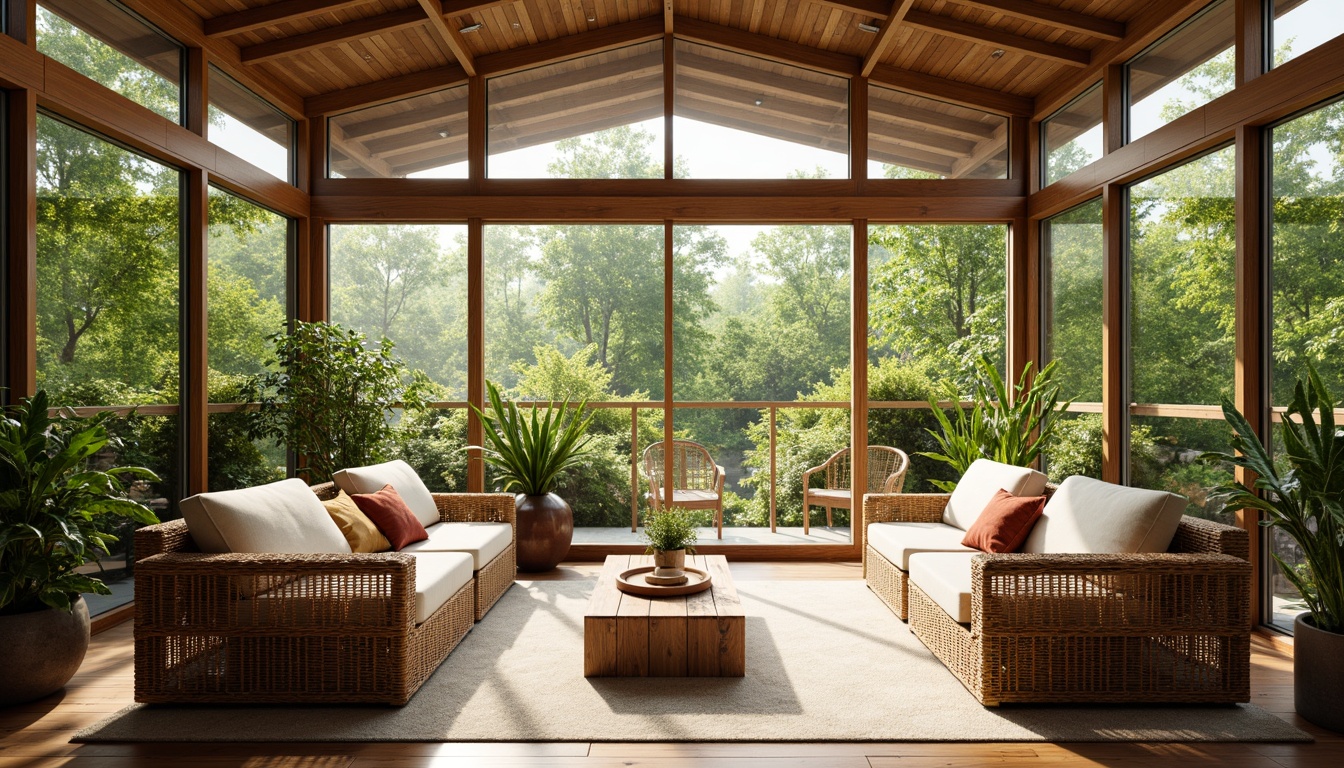 Prompt: Mid-century modern sunroom, natural light pouring in, lush greenery, rattan furniture, woven textiles, geometric patterns, earthy tone color palette, wooden accents, minimalist decor, sleek lines, organic shapes, comfortable seating, plush cushions, natural fabrics, vintage decorative accessories, floor-to-ceiling windows, sliding glass doors, warm wood floors, 3/4 composition, shallow depth of field, soft warm lighting, realistic textures, ambient occlusion.