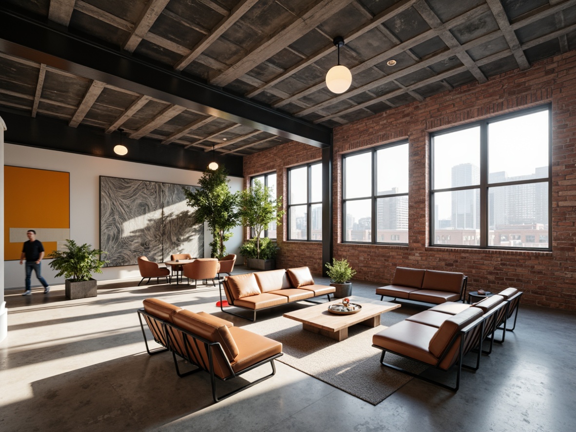 Prompt: Open-plan living space, functional minimalism, industrial materials, exposed brick walls, polished concrete floors, steel beams, geometric shapes, primary color accents, tubular steel furniture, leather upholstery, adjustable lighting systems, floor-to-ceiling windows, urban loft atmosphere, natural ventilation, abundant daylight, soft diffused lighting, 1/1 composition, symmetrical balance, monochromatic color scheme, bold typography, modernist decorative elements.