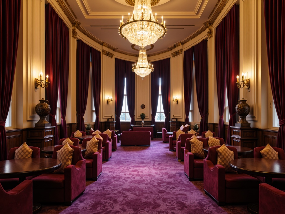 Prompt: Rich velvet curtains, luxurious golden accents, ornate chandeliers, plush crimson seats, sophisticated dark wood tones, elegant cream walls, lavish purple carpets, dramatic spotlights, warm golden lighting, shallow depth of field, 2/3 composition, symmetrical architecture, neoclassical design elements, intricate moldings, refined textures, subtle shading.