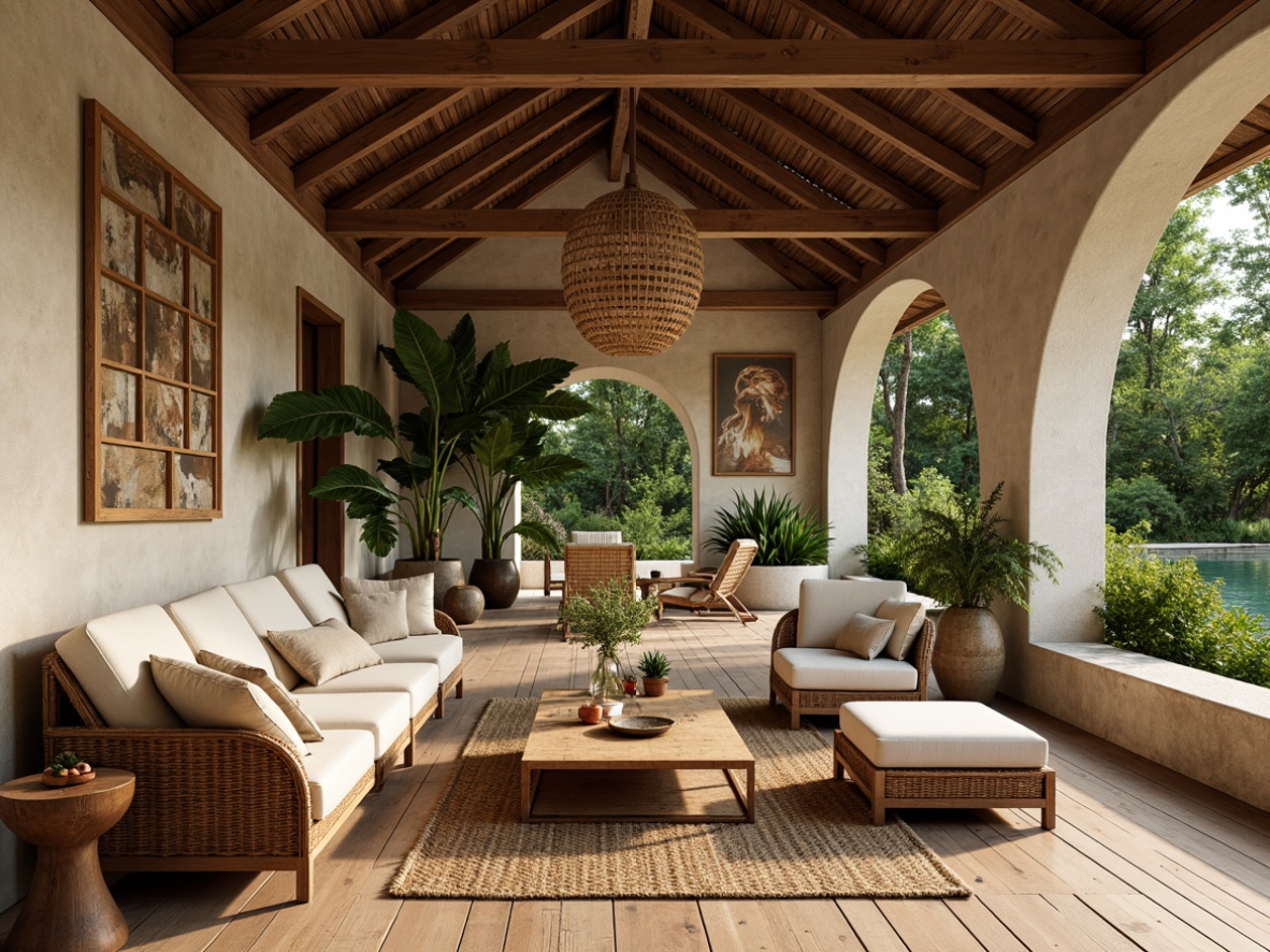 Prompt: Organic living room, natural stone walls, reclaimed wood flooring, woven bamboo furniture, earthy color palette, lush greenery, potted plants, rattan accents, jute rugs, linen upholstery, wooden beams, vaulted ceiling, warm ambient lighting, soft shadows, 1/1 composition, cozy atmosphere, textured elements, realistic rendering.