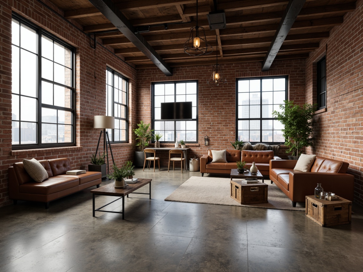 Prompt: Exposed brick walls, metal beam ceilings, reclaimed wood accents, industrial-style chandeliers, minimalist decor, functional furniture, steel frame chairs, distressed leather sofas, wooden crate coffee tables, vintage factory lamps, polished concrete floors, urban loft atmosphere, modern cityscape views, floor-to-ceiling windows, natural light pouring in, warm and cozy ambiance, subtle color palette, 3/4 composition, shallow depth of field, realistic textures, ambient occlusion.